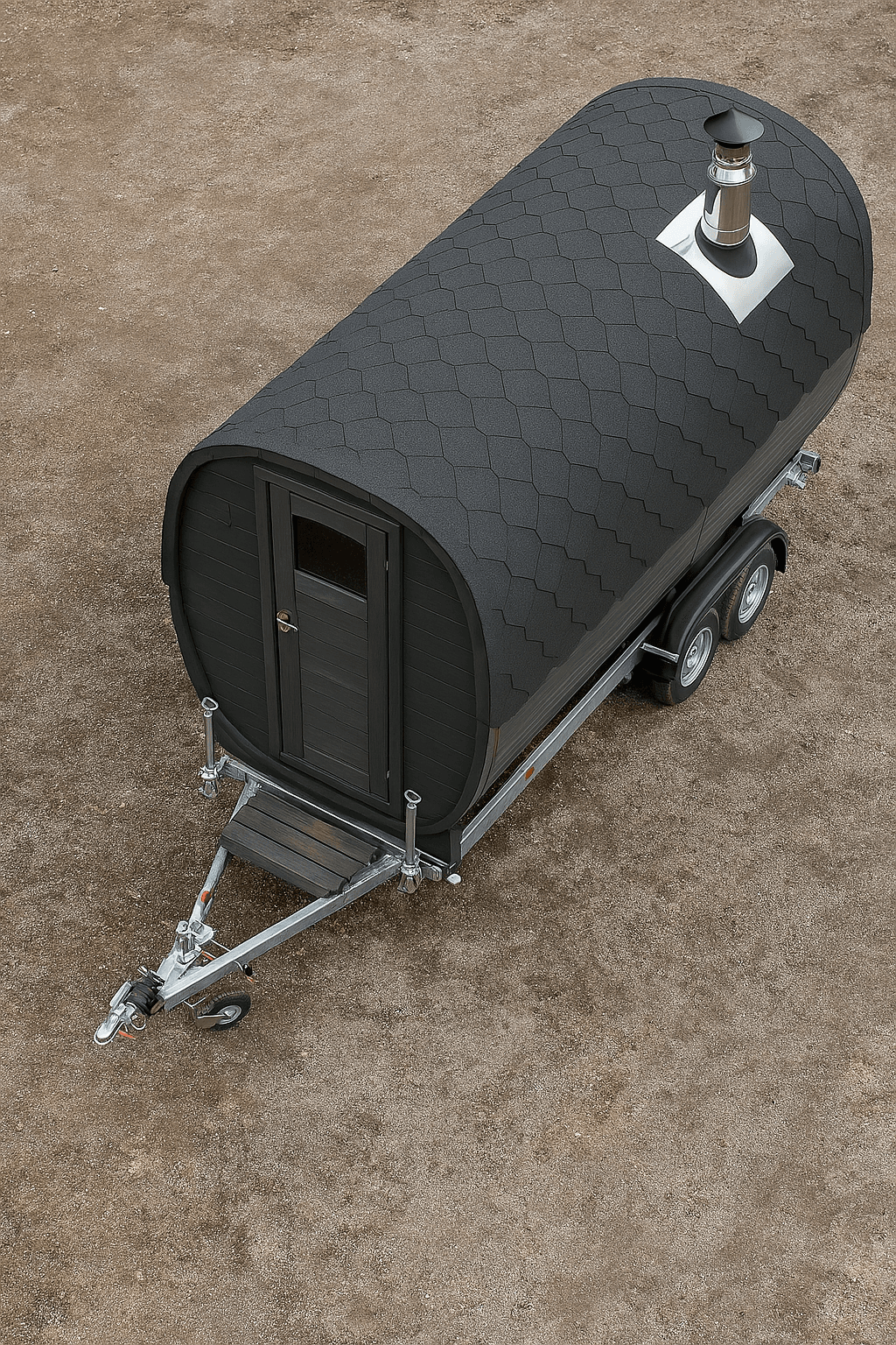 Bird's-eye view of a mobile sauna on a road-legal twin-axle braked trailer