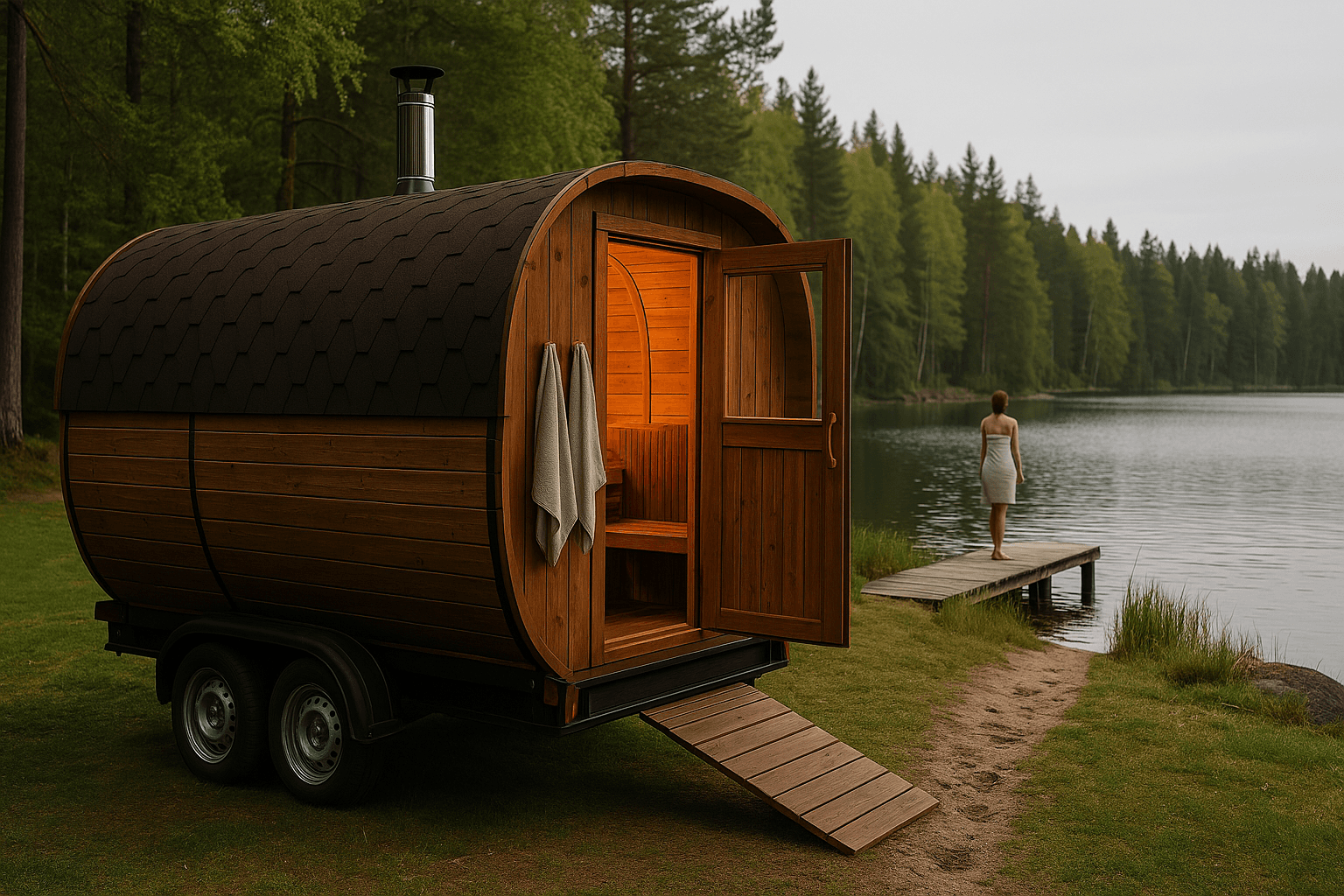 Bespoke mobile sauna trailer built in Britain, beside a lake in a forest clearing