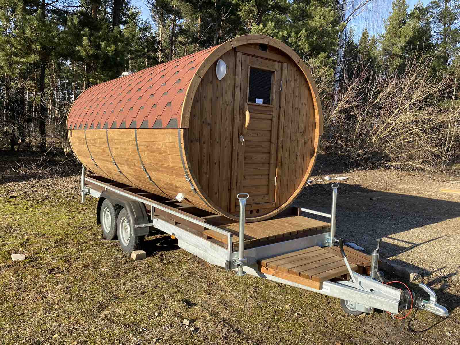 Mobile barrel sauna on trailer - UK Mobile Saunas